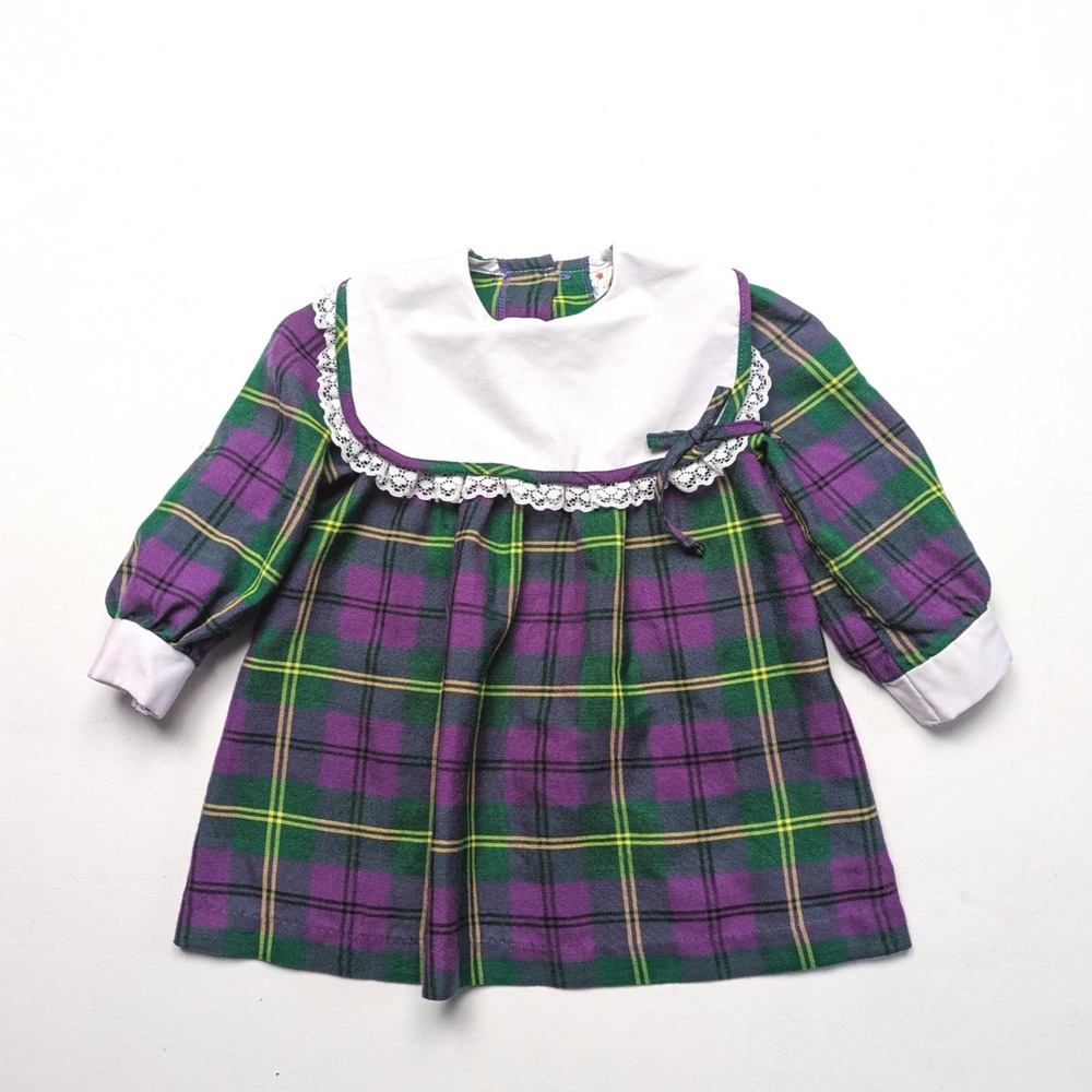 Vintage Pretty Dress Girls Size 2 Purple Plaid Bib Collar